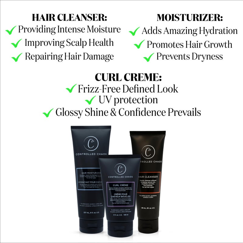Controlled Chaos Hair Care Set for Curly Hair - 3 Pack Including Shampoo, Conditioner, Curl Defining Cream to Control Frizz & Nourish All Hair Types - Image 3